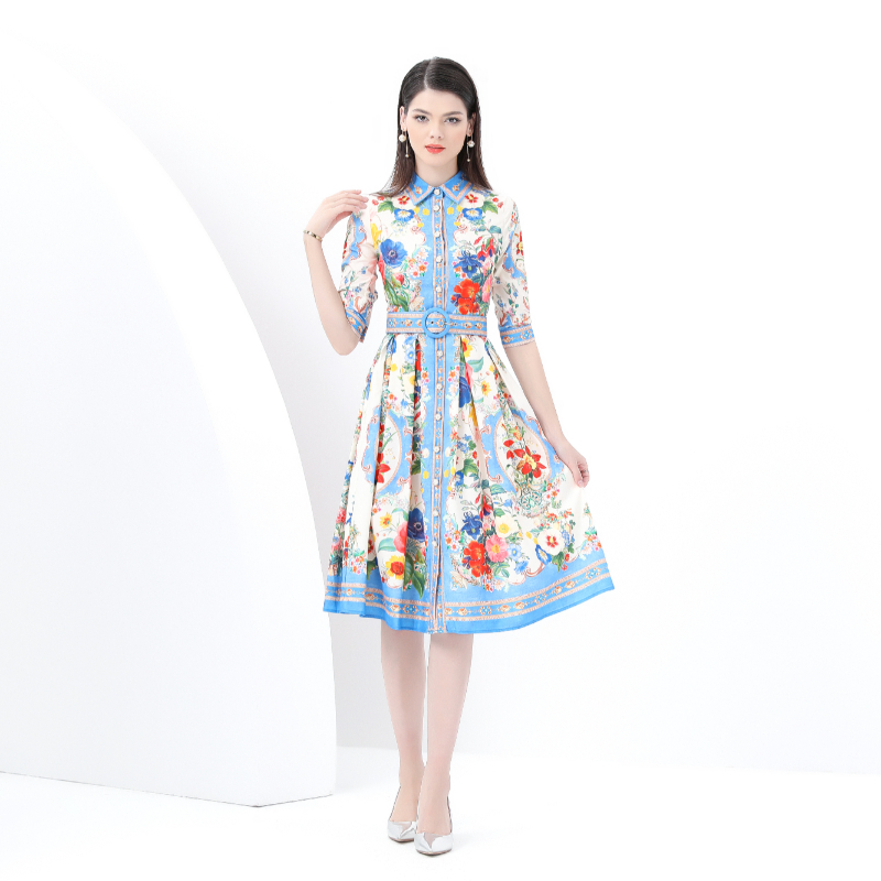 Lapel short sleeve vacation dress skirt hem long corset