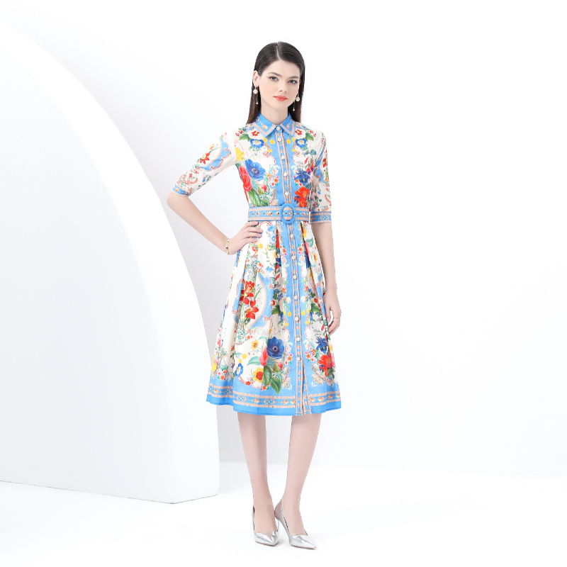 Lapel short sleeve vacation dress skirt hem long corset