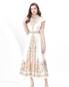 Printing boats sleeve long corset lapel skirt hem dress