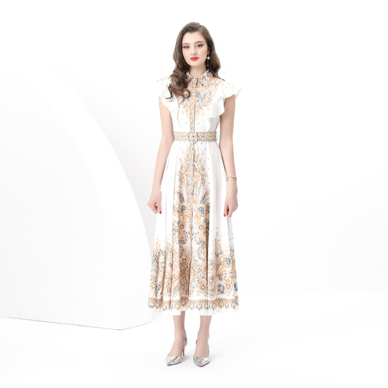 Printing boats sleeve long corset lapel skirt hem dress