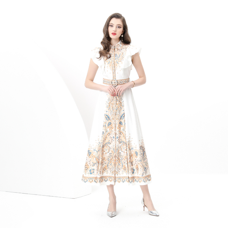Printing boats sleeve long corset lapel skirt hem dress