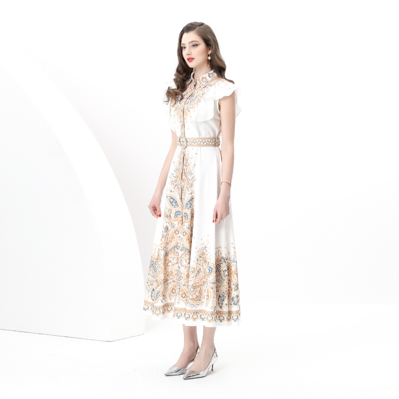 Printing boats sleeve long corset lapel skirt hem dress