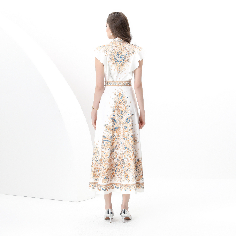 Printing boats sleeve long corset lapel skirt hem dress