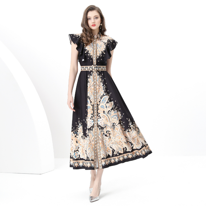 Printing court style vacation corset skirt hem long dress