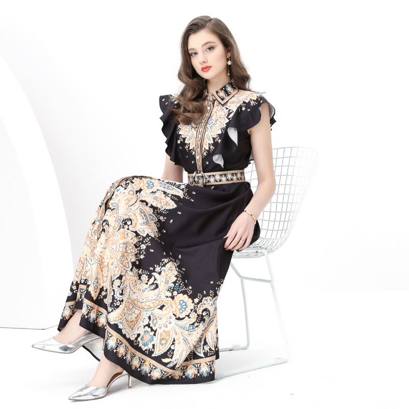 Printing court style vacation corset skirt hem long dress