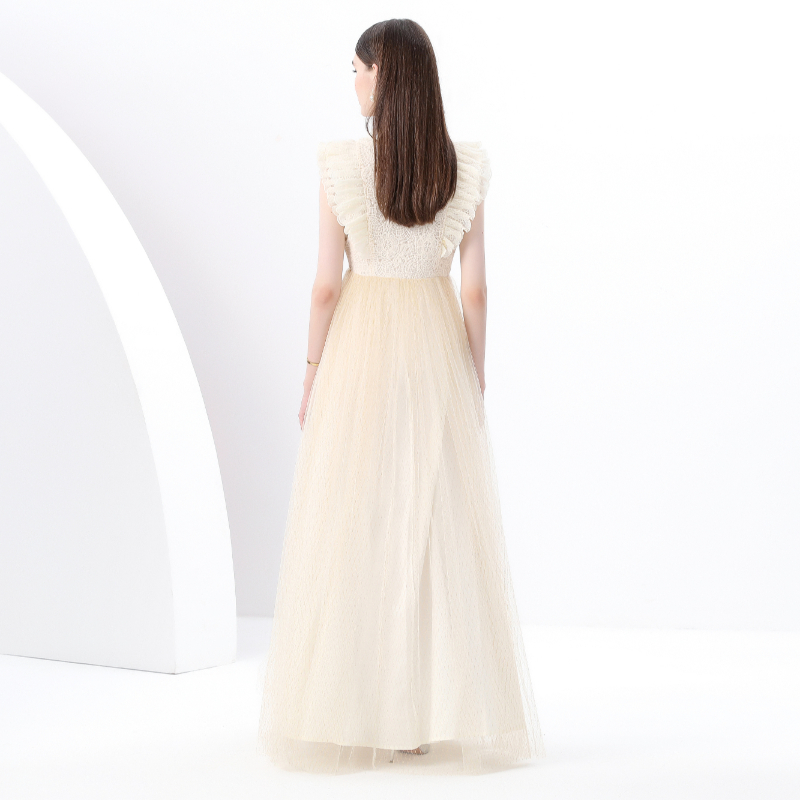 Long long sleeve lace V-neck gauze dress