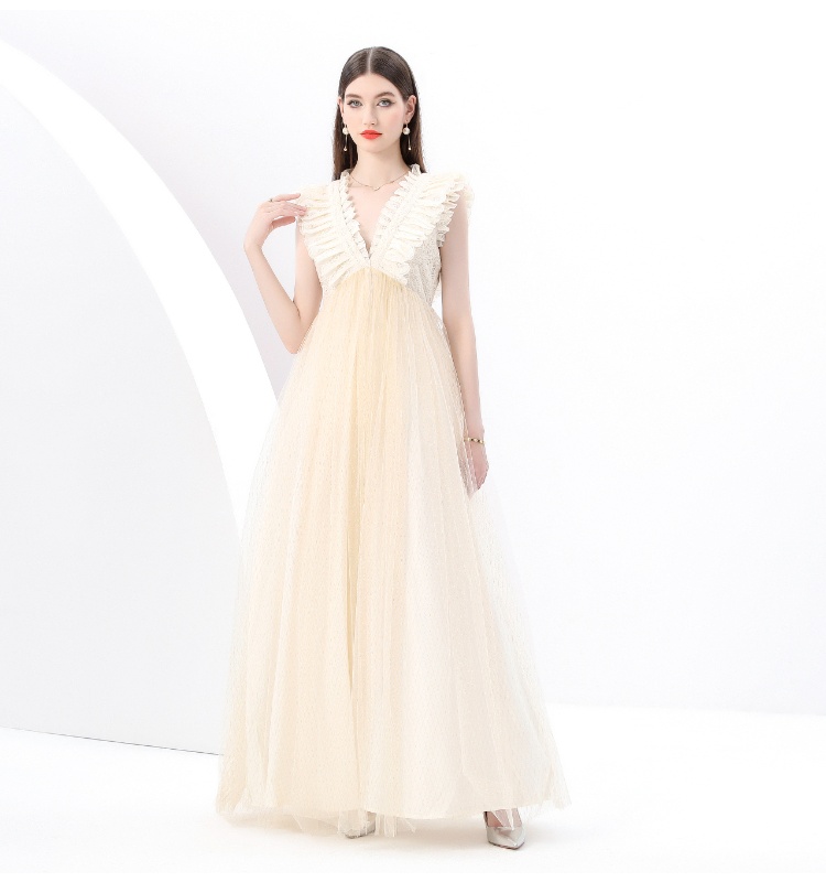 Long long sleeve lace V-neck gauze dress