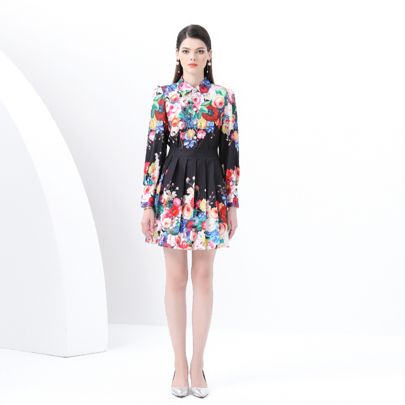 Spring and summer printing skirt mini shirt 2pcs set