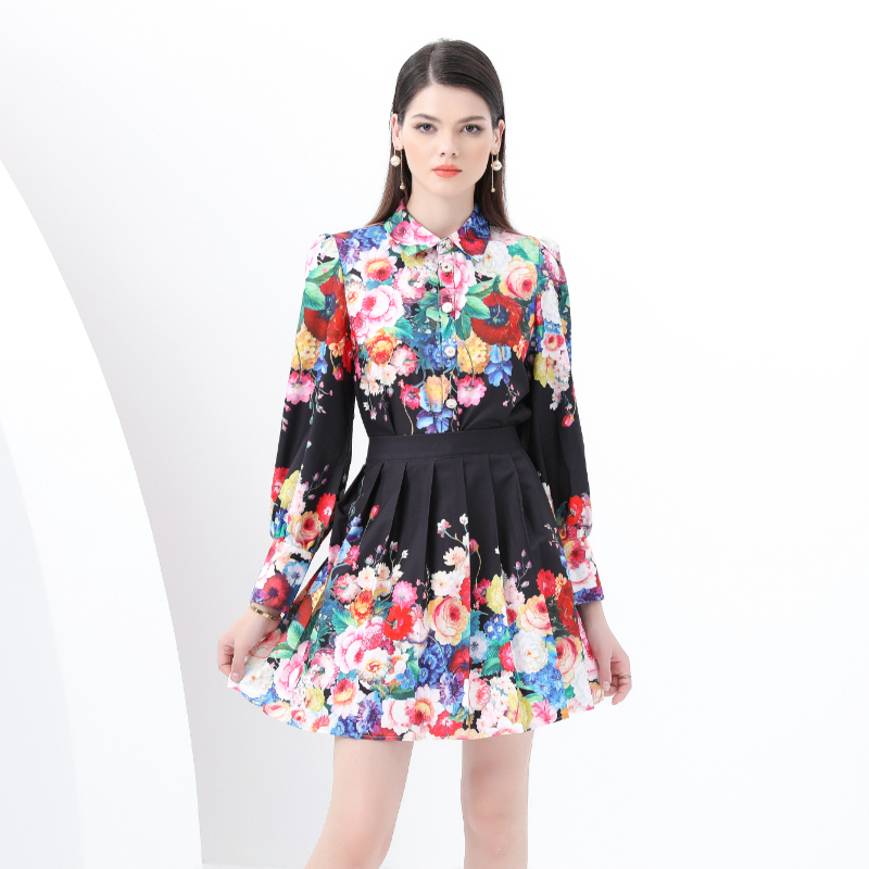 Spring and summer printing skirt mini shirt 2pcs set