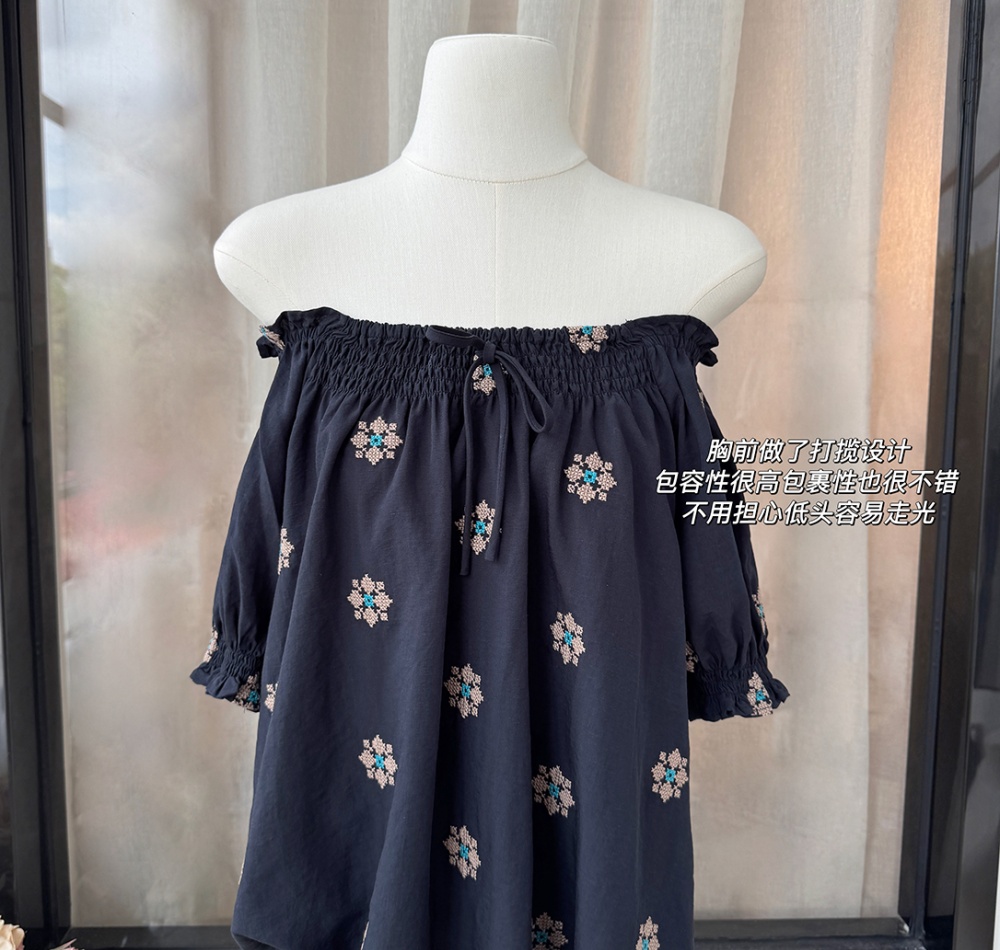 Flat shoulder puff sleeve doll shirt embroidery shirt