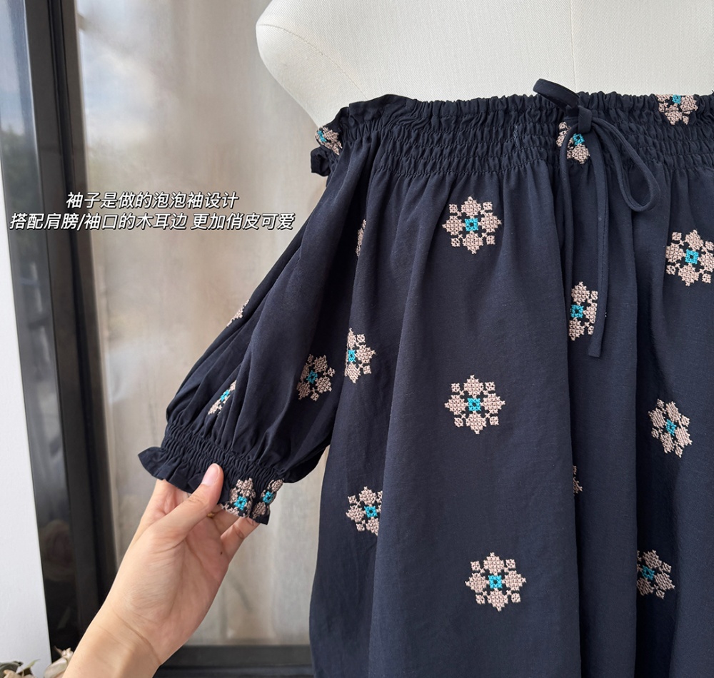 Flat shoulder puff sleeve doll shirt embroidery shirt