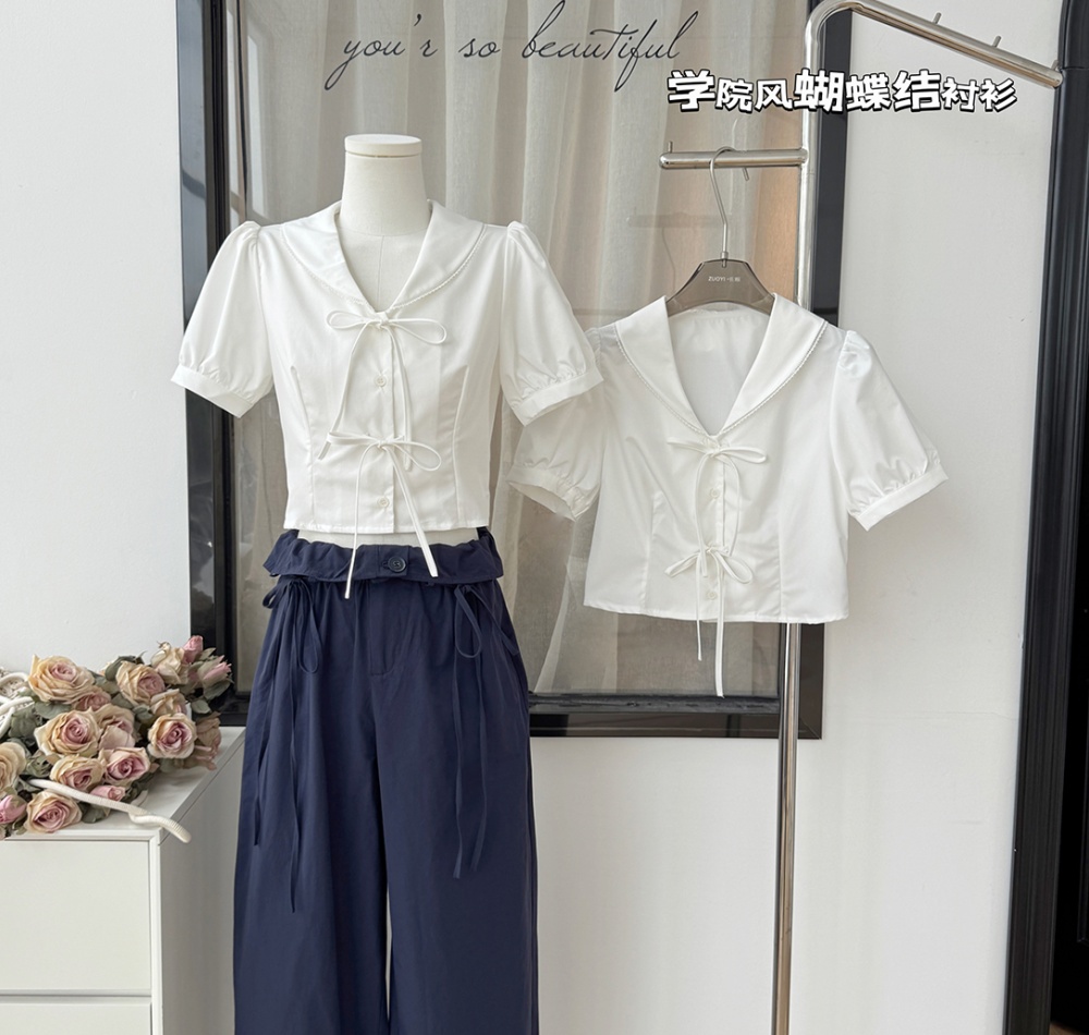 College style bow shirt heart summer tops for women
