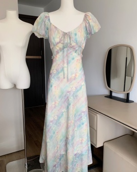 France style printing pinched waist dress