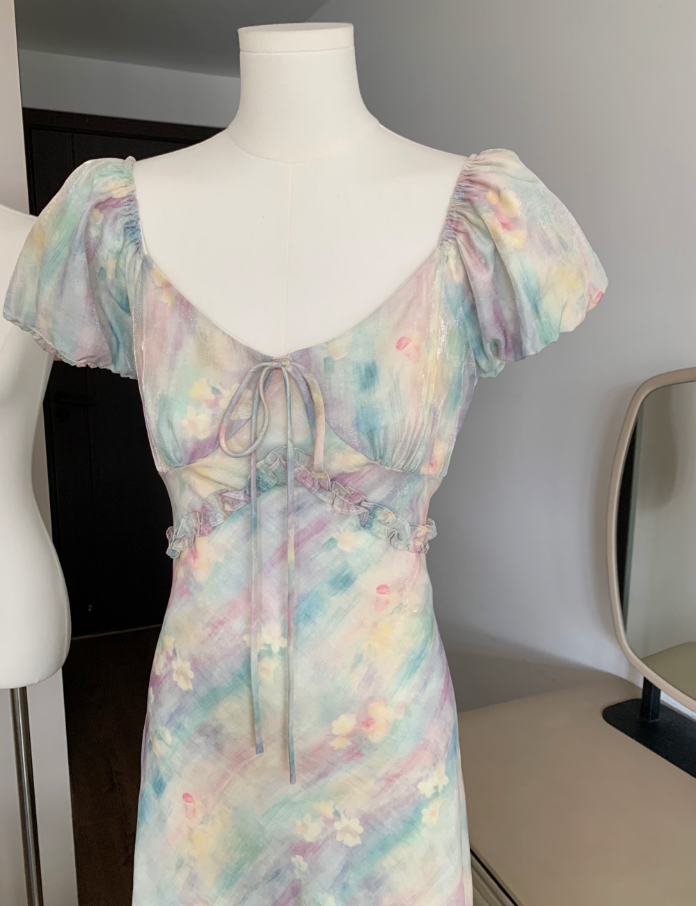 France style printing pinched waist dress