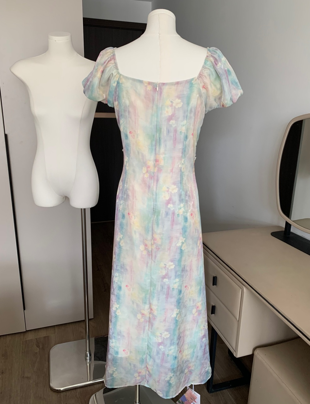 France style printing pinched waist dress