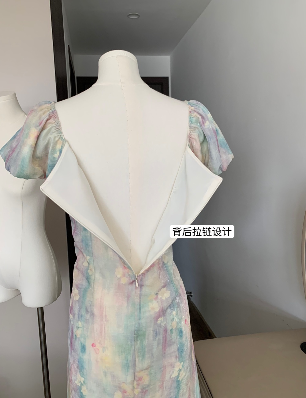 France style printing pinched waist dress