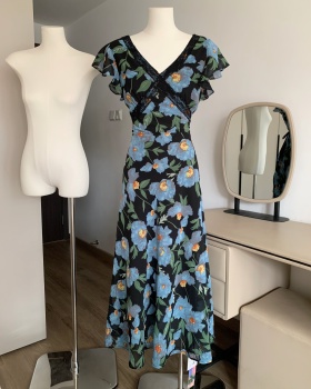 Splice blue printing daisy boats sleeve elegant V-neck lace dress