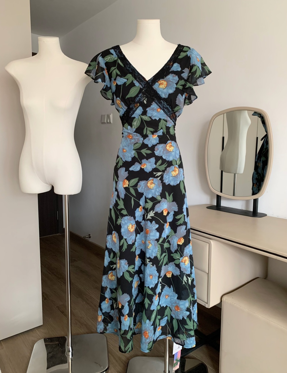 Splice blue printing daisy boats sleeve elegant V-neck lace dress