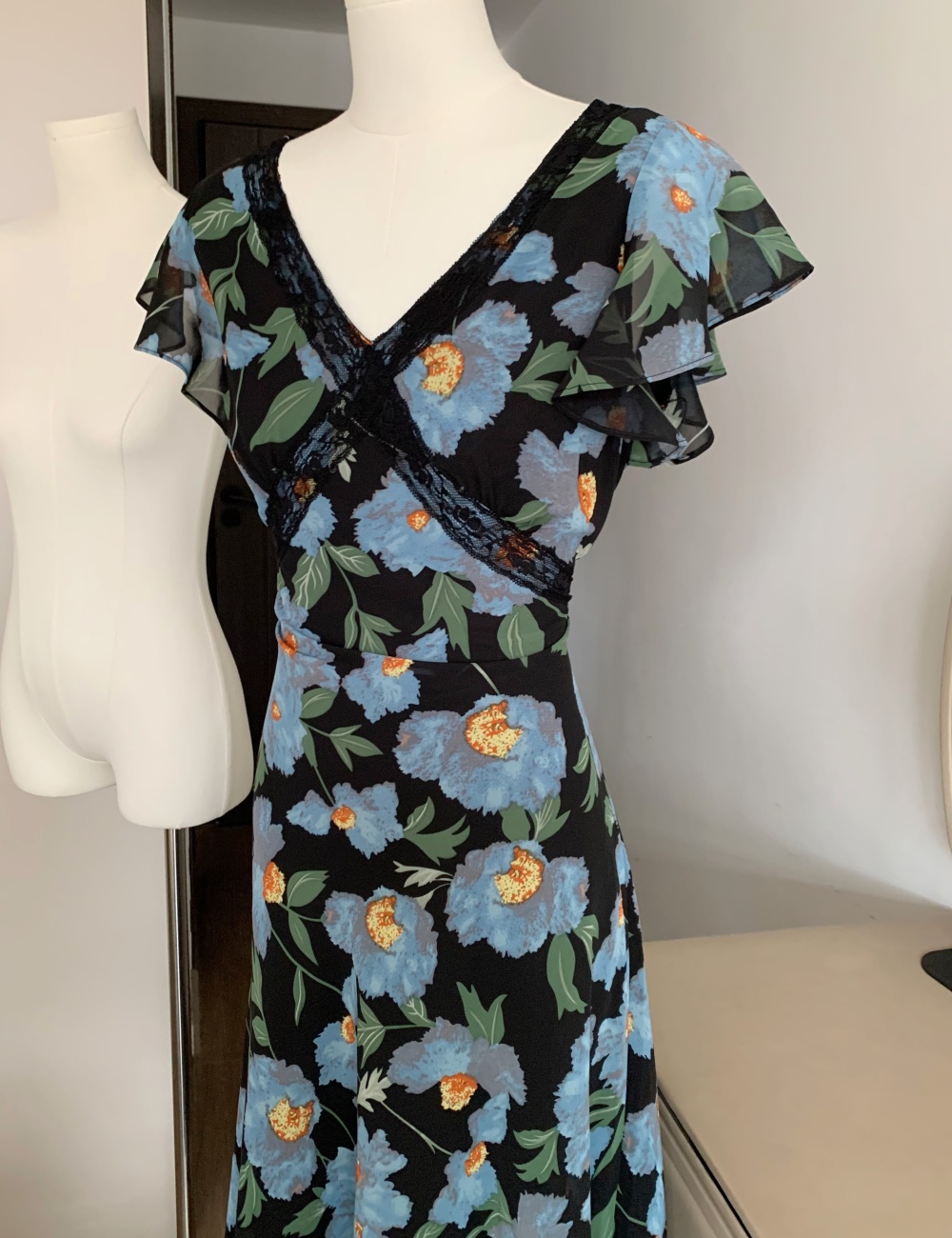 Splice blue printing daisy boats sleeve elegant V-neck lace dress
