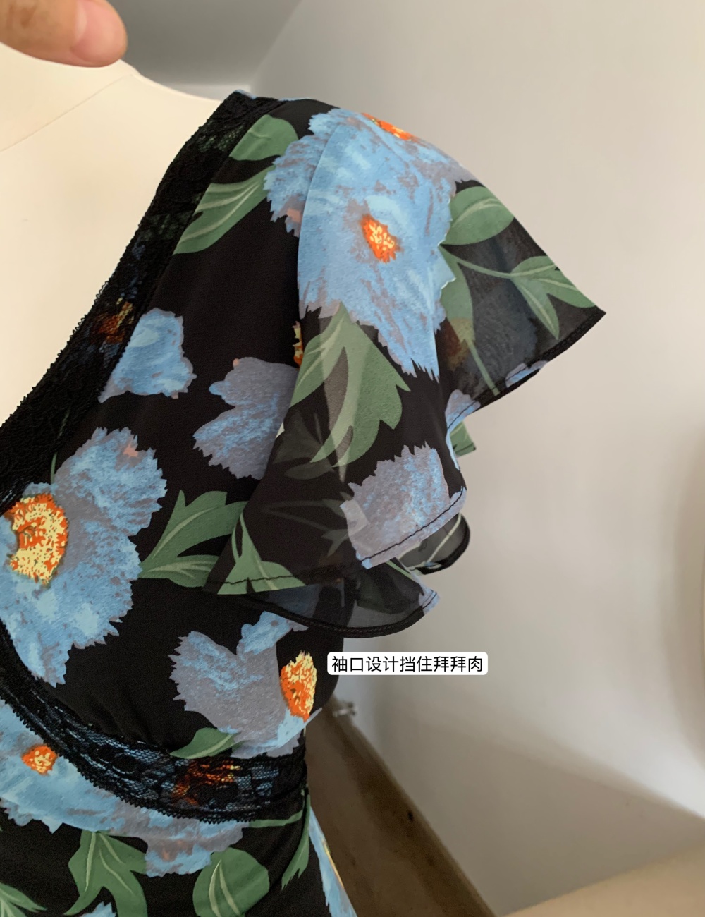 Splice blue printing daisy boats sleeve elegant V-neck lace dress