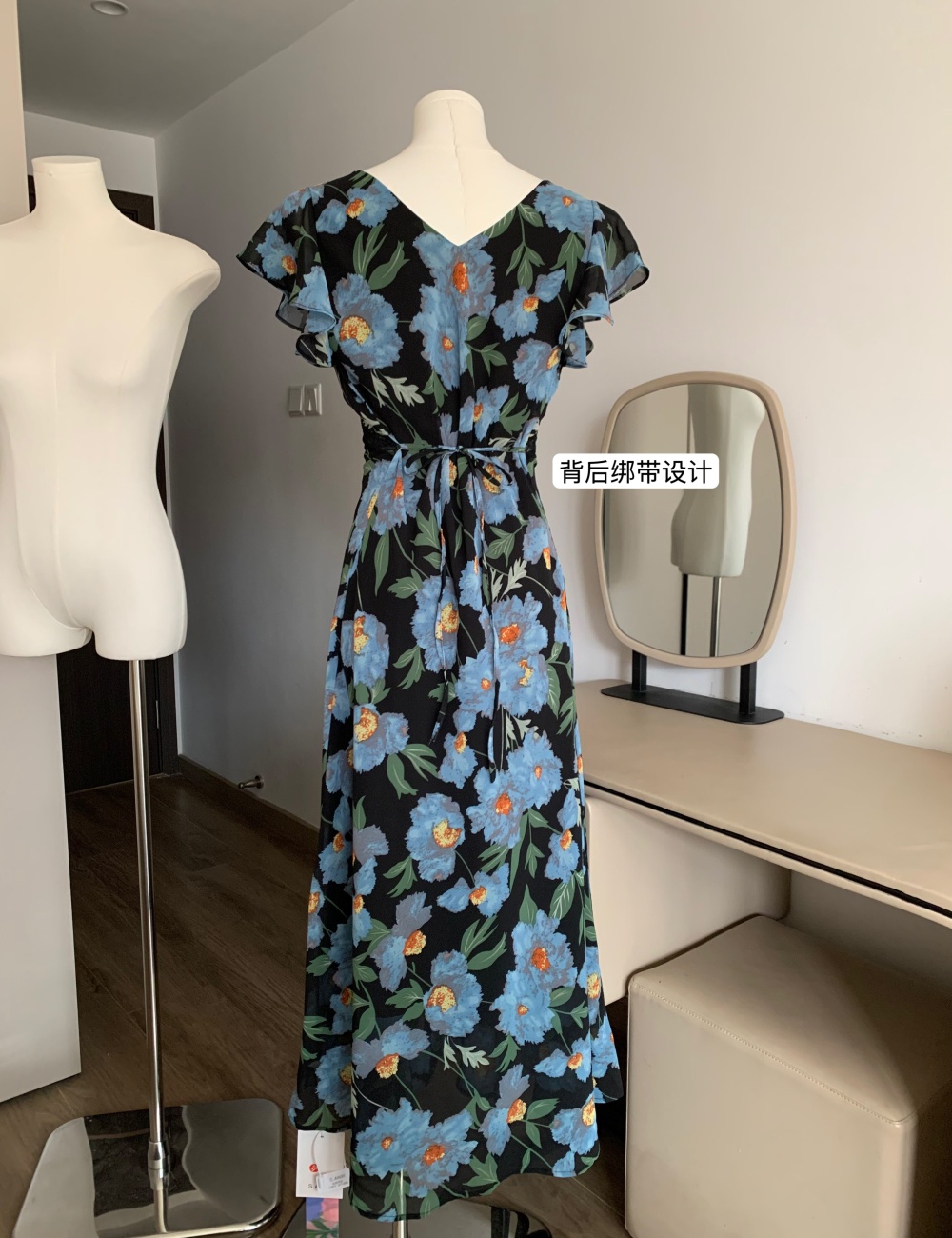 Splice blue printing daisy boats sleeve elegant V-neck lace dress