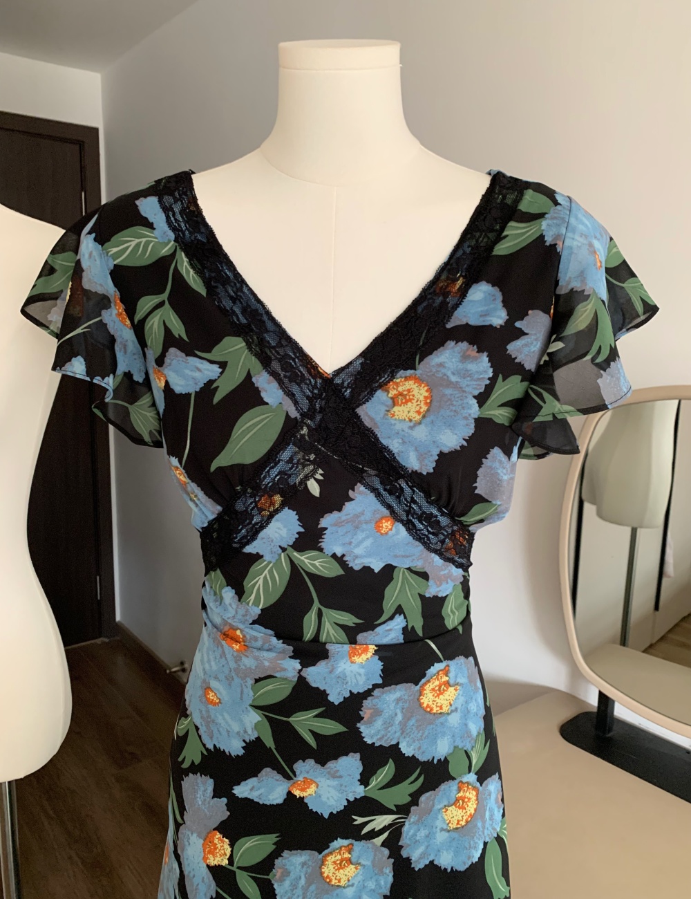 Splice blue printing daisy boats sleeve elegant V-neck lace dress