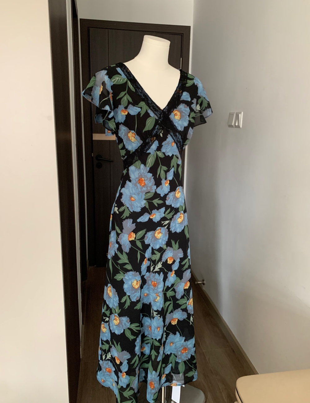 Splice blue printing daisy boats sleeve elegant V-neck lace dress