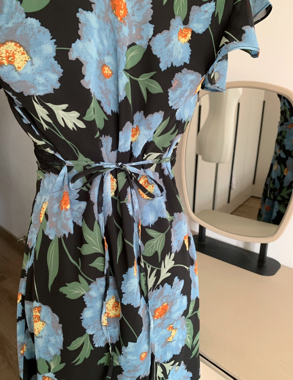 Splice blue printing daisy boats sleeve elegant V-neck lace dress