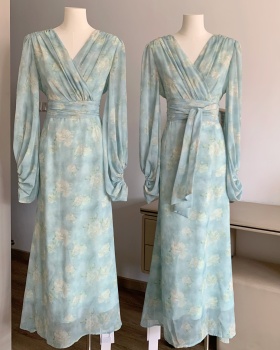 Trumpet sleeves tender V-neck temperament printing dress