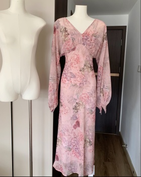 Vacation pinched waist long dress lotus leaf edges dress
