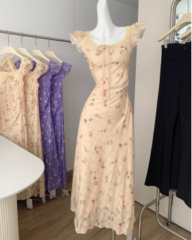 Casual pinched waist France style temperament floral slim dress