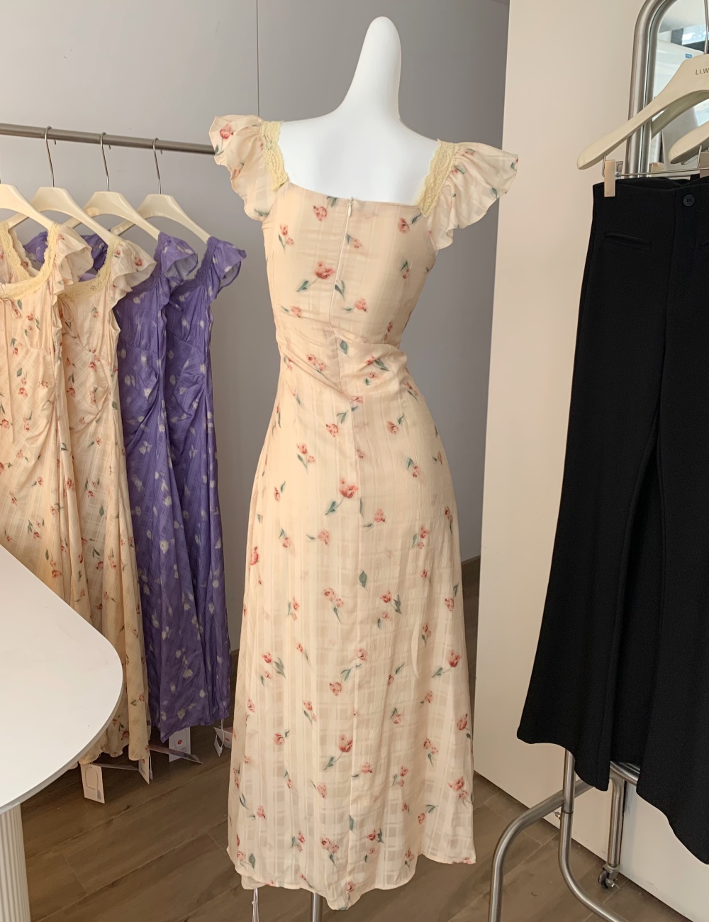 Casual pinched waist France style temperament floral slim dress