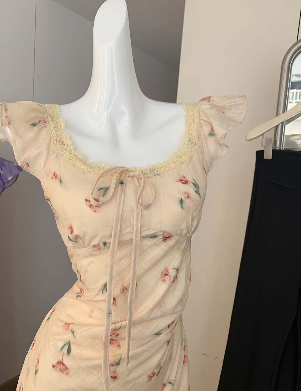 Casual pinched waist France style temperament floral slim dress