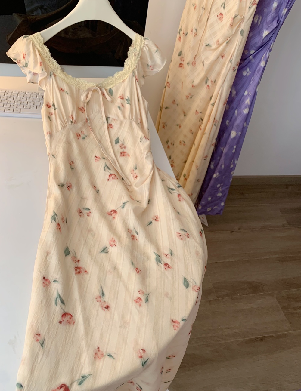 Casual pinched waist France style temperament floral slim dress