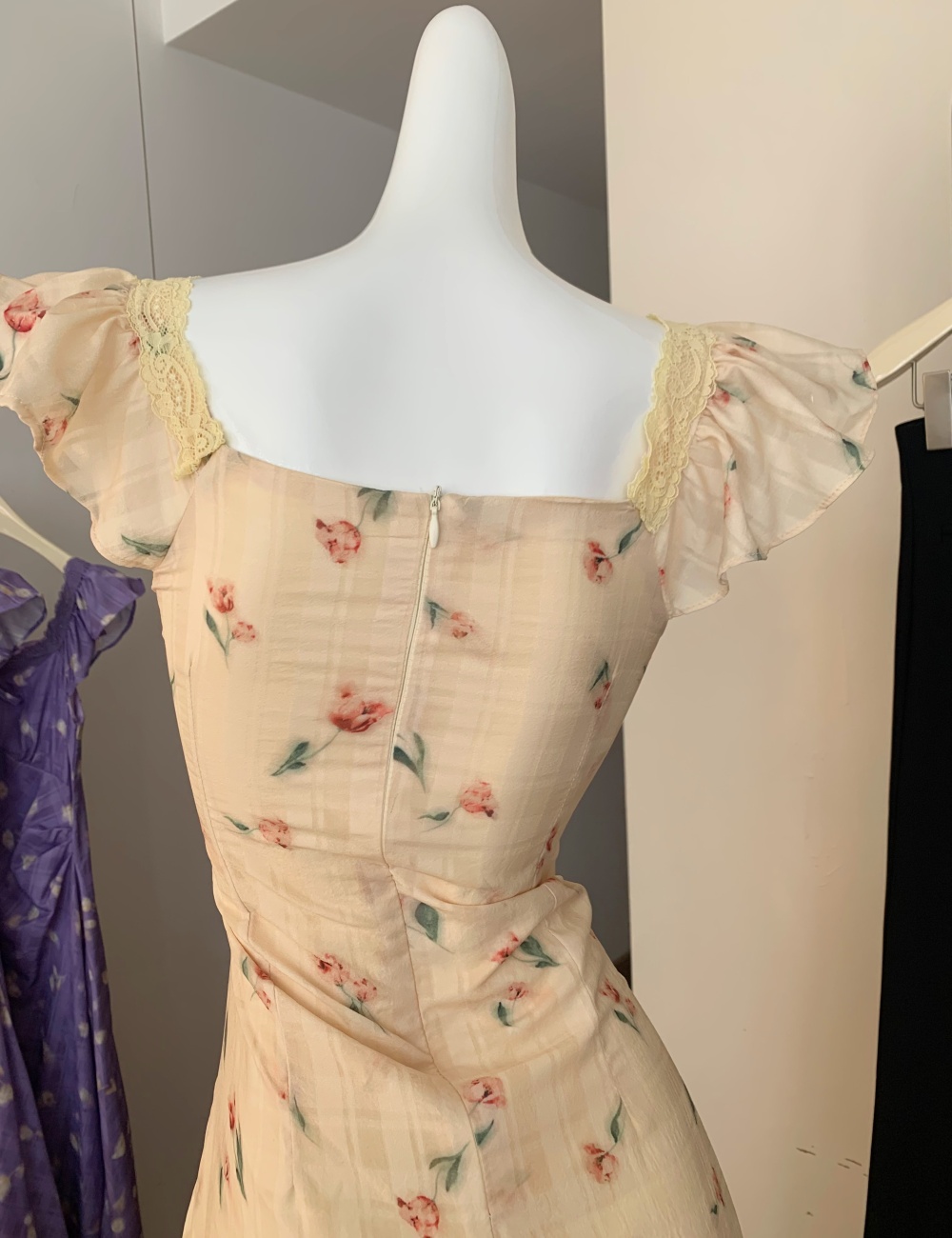 Casual pinched waist France style temperament floral slim dress
