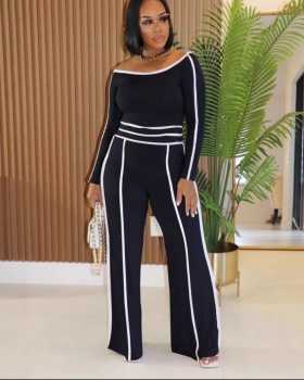 Oblique collar flat shoulder splice long pants 2pcs set