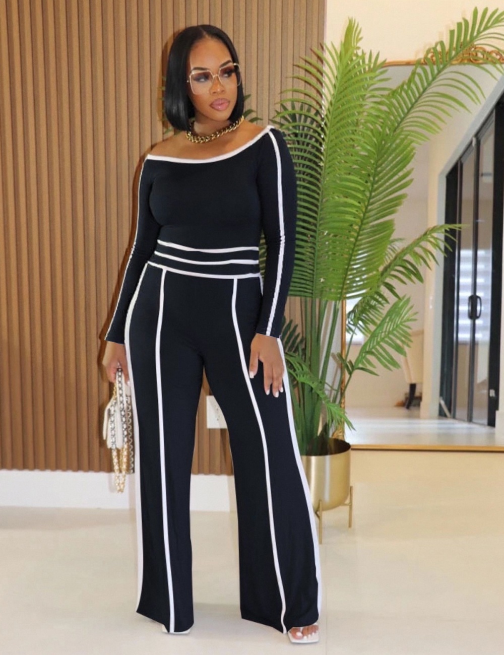 Oblique collar flat shoulder splice long pants 2pcs set