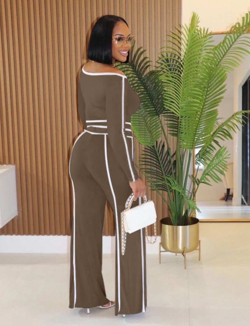 Oblique collar flat shoulder splice long pants 2pcs set