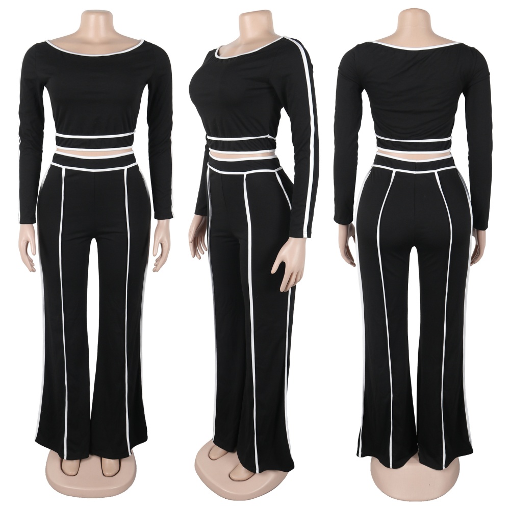 Oblique collar flat shoulder splice long pants 2pcs set