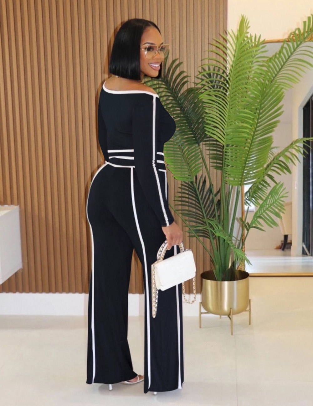 Oblique collar flat shoulder splice long pants 2pcs set