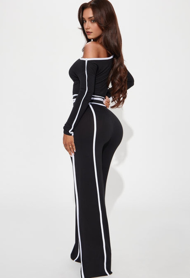Oblique collar flat shoulder splice long pants 2pcs set
