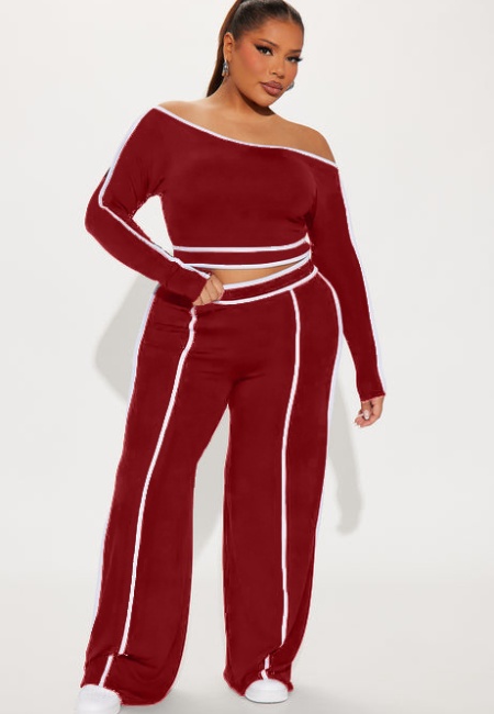 Oblique collar flat shoulder splice long pants 2pcs set