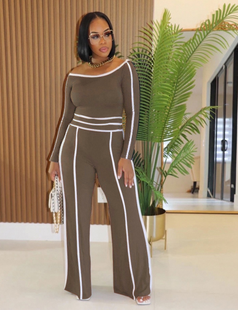 Oblique collar flat shoulder splice long pants 2pcs set