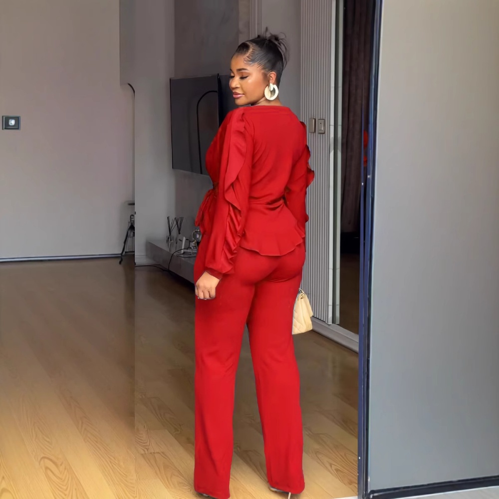 European style tops drawstring casual pants 2pcs set