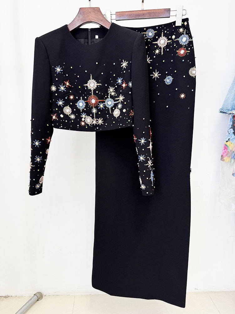 European style beading long skirt fashion tops 2pcs set