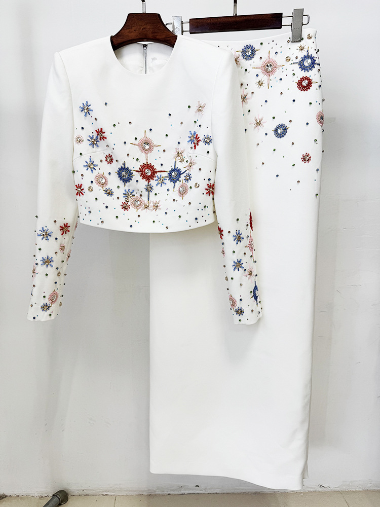 European style beading long skirt fashion tops 2pcs set