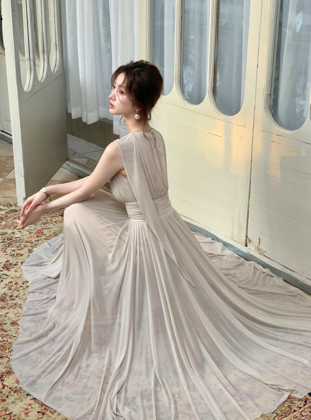 Gauze elasticity tender dress streamer bow long dress