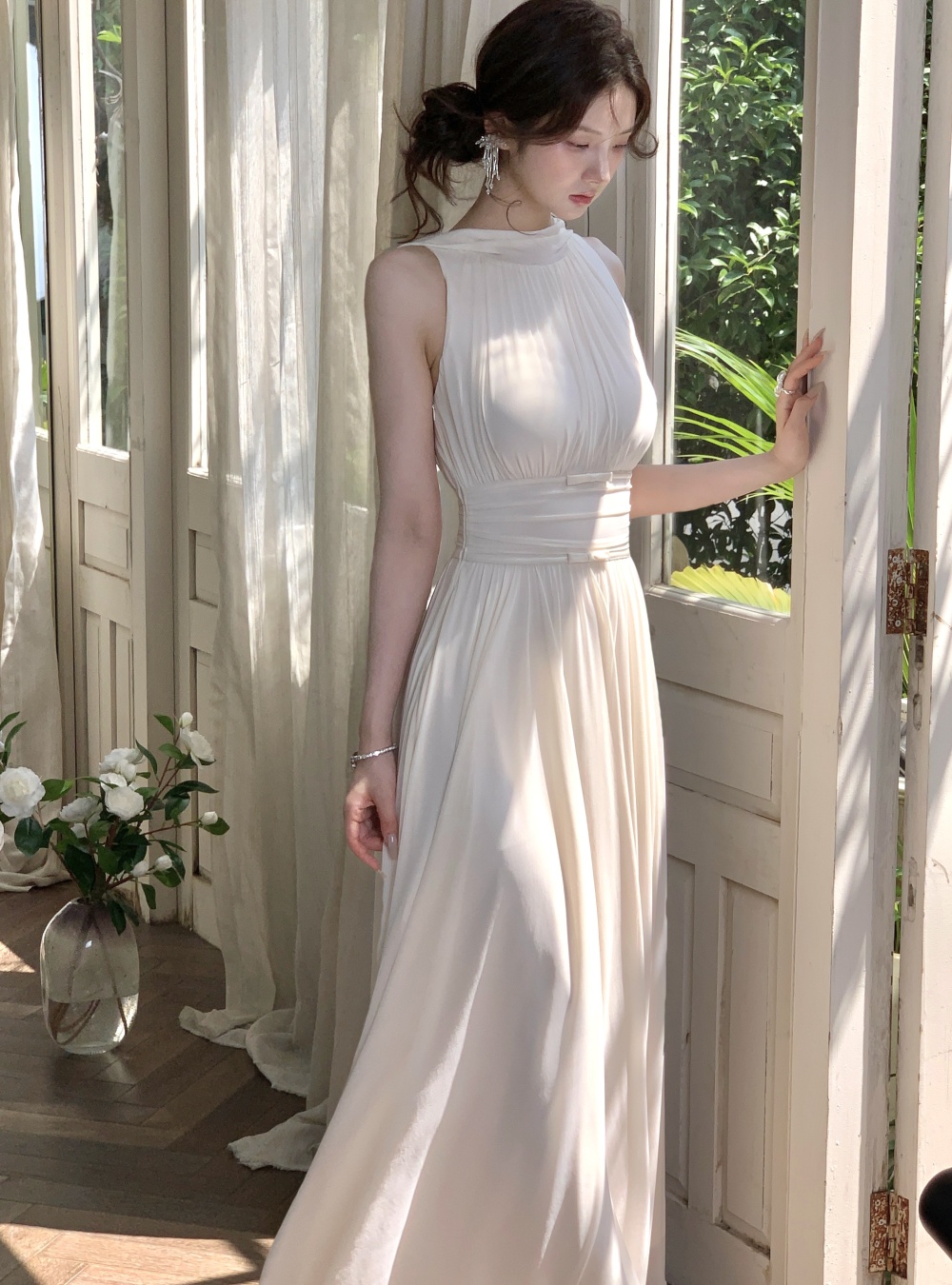 Gauze elasticity tender dress streamer bow long dress