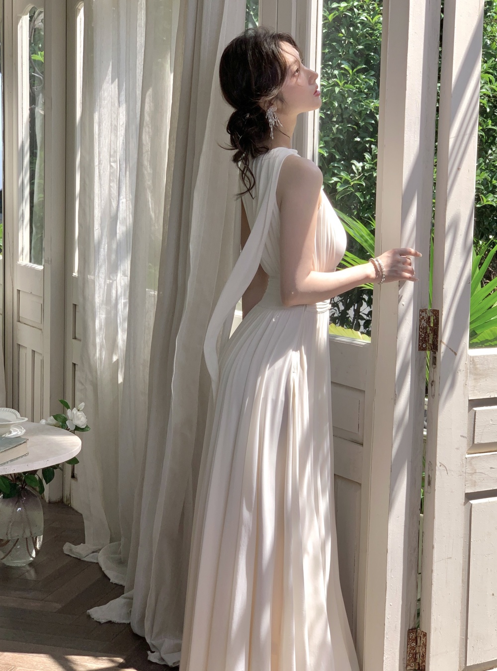 Gauze elasticity tender dress streamer bow long dress