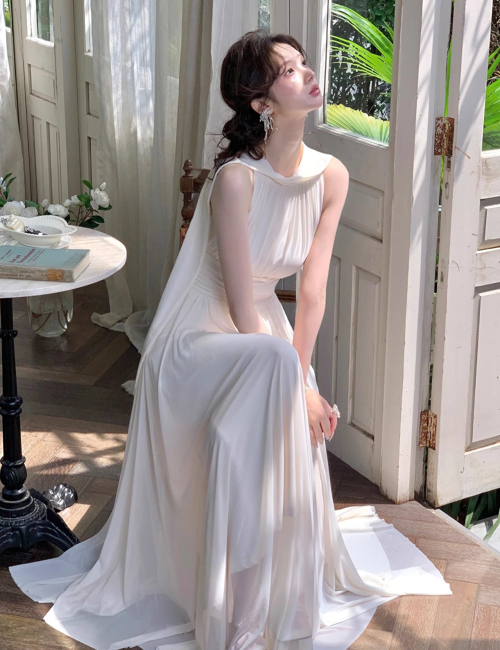 Gauze elasticity tender dress streamer bow long dress